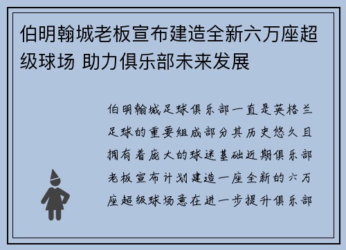 伯明翰城老板宣布建造全新六万座超级球场 助力俱乐部未来发展
