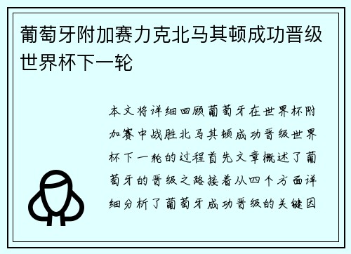 葡萄牙附加赛力克北马其顿成功晋级世界杯下一轮